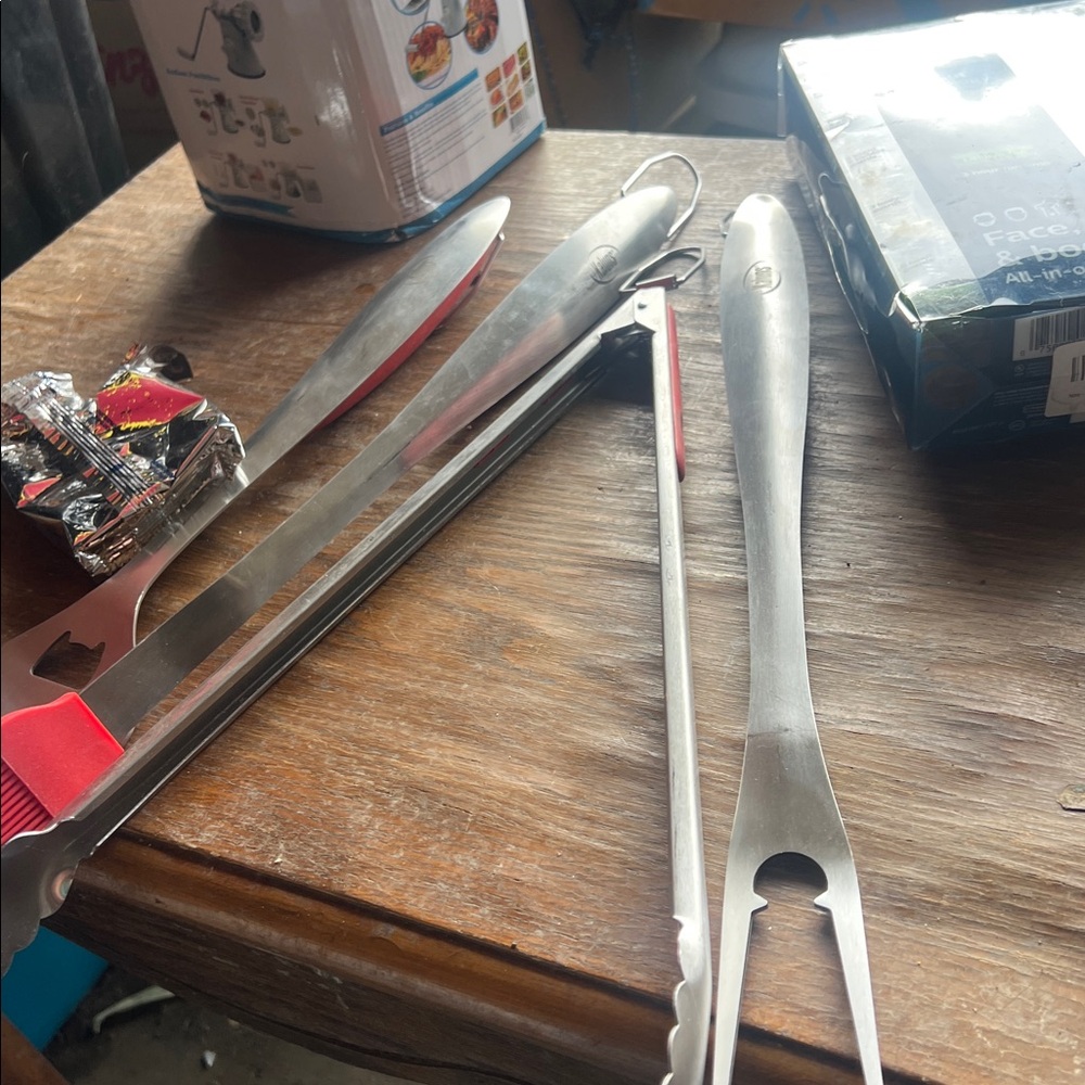 Stainless Steel Kitchen Tongs Set with Red Accents